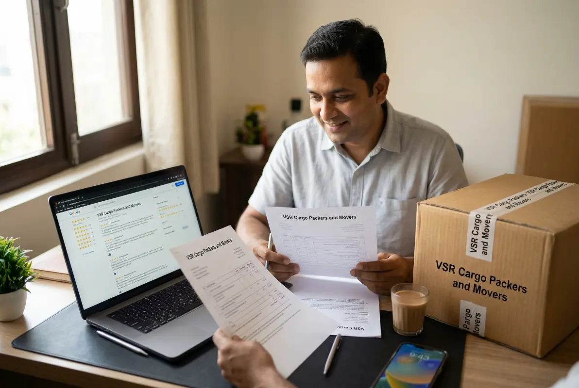 Person reading online customer reviews of packers and movers company on laptop in India