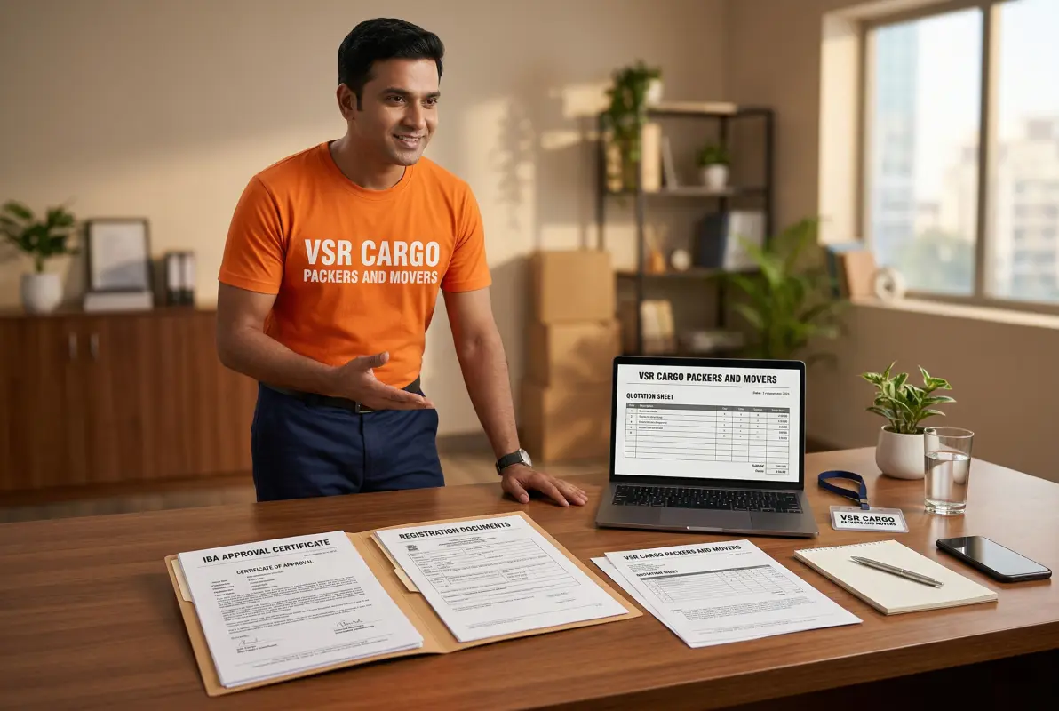 VSR CargoPackers and Movers IBA approval certificate and government registration documents on desk