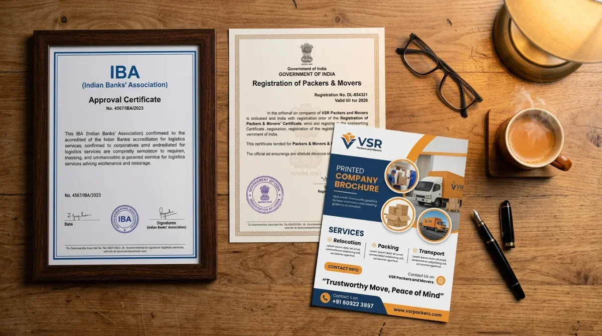 VSR Packers and Movers IBA approval certificate and government registration documents on desk