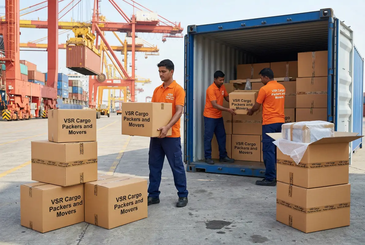 VSR CargoPackers export-grade packed boxes being loaded into shipping container at Indian port