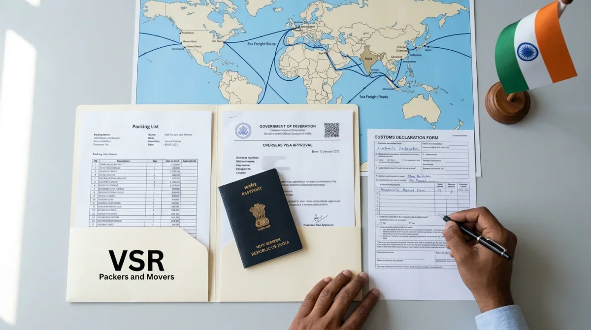 Organized international relocation documents including passport, visa, and packing list on desk
