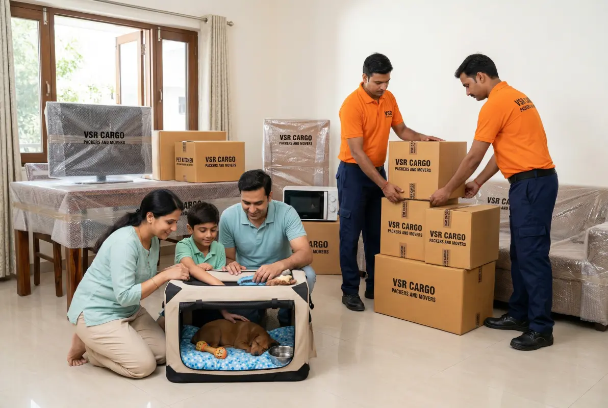 Indian family preparing pet travel carrier with comfortable bedding before home relocation