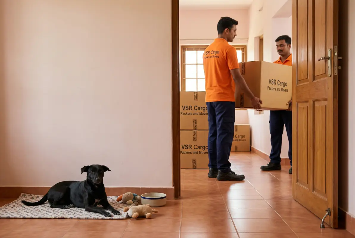Pet kept safely in quiet room with water bowl and toys while movers work during house shifting