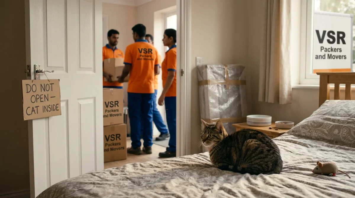 Pet kept safely in quiet room with water bowl and toys while movers work during house shifting