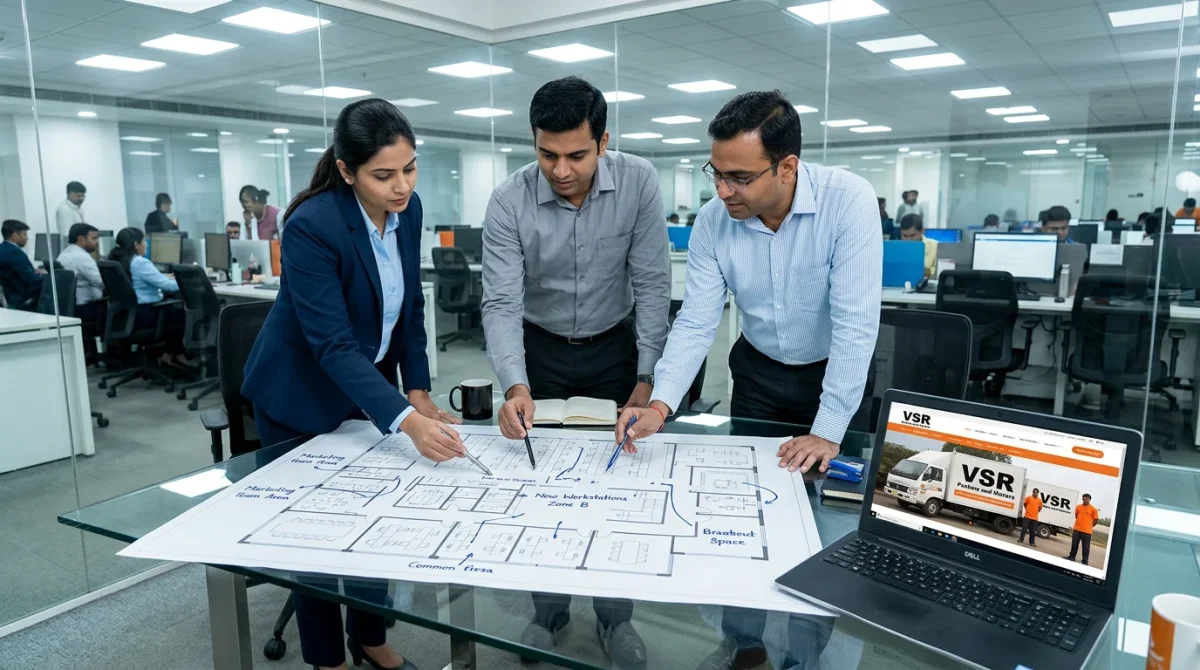 Corporate team reviewing new office floor plan before relocation with VSR Packers and Movers