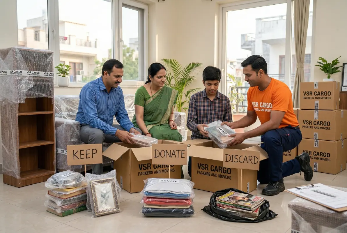 Indian family decluttering household items into keep sell and donate piles before home shifting