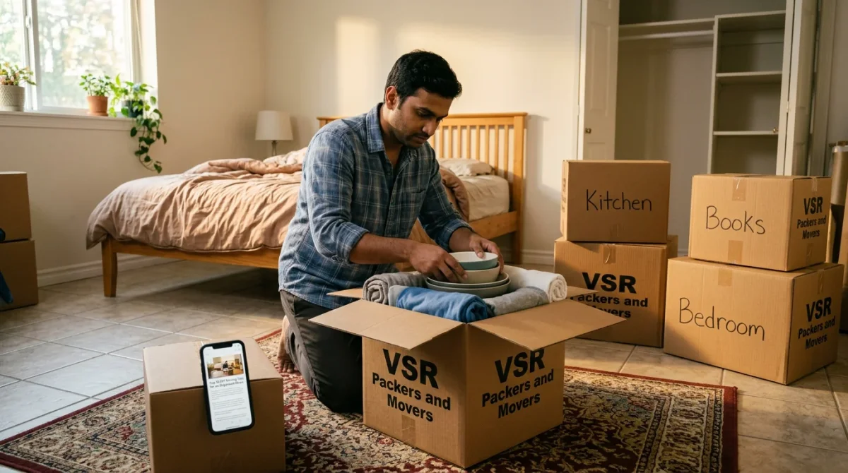 Indian homeowner packing clothes and non-fragile items into boxes to save on moving costs