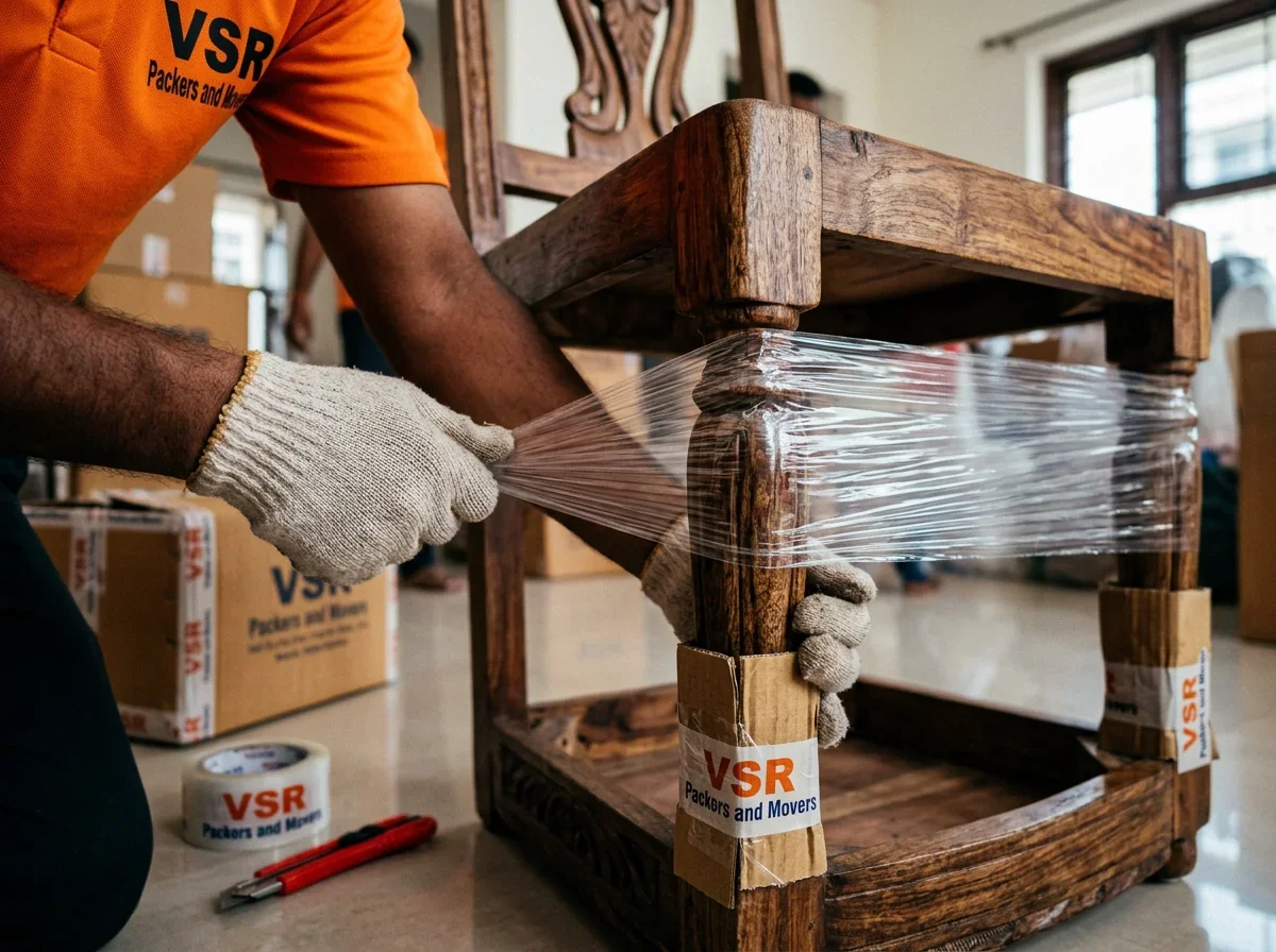 Professional furniture packing with bubble wrap and stretch film for safe household moving