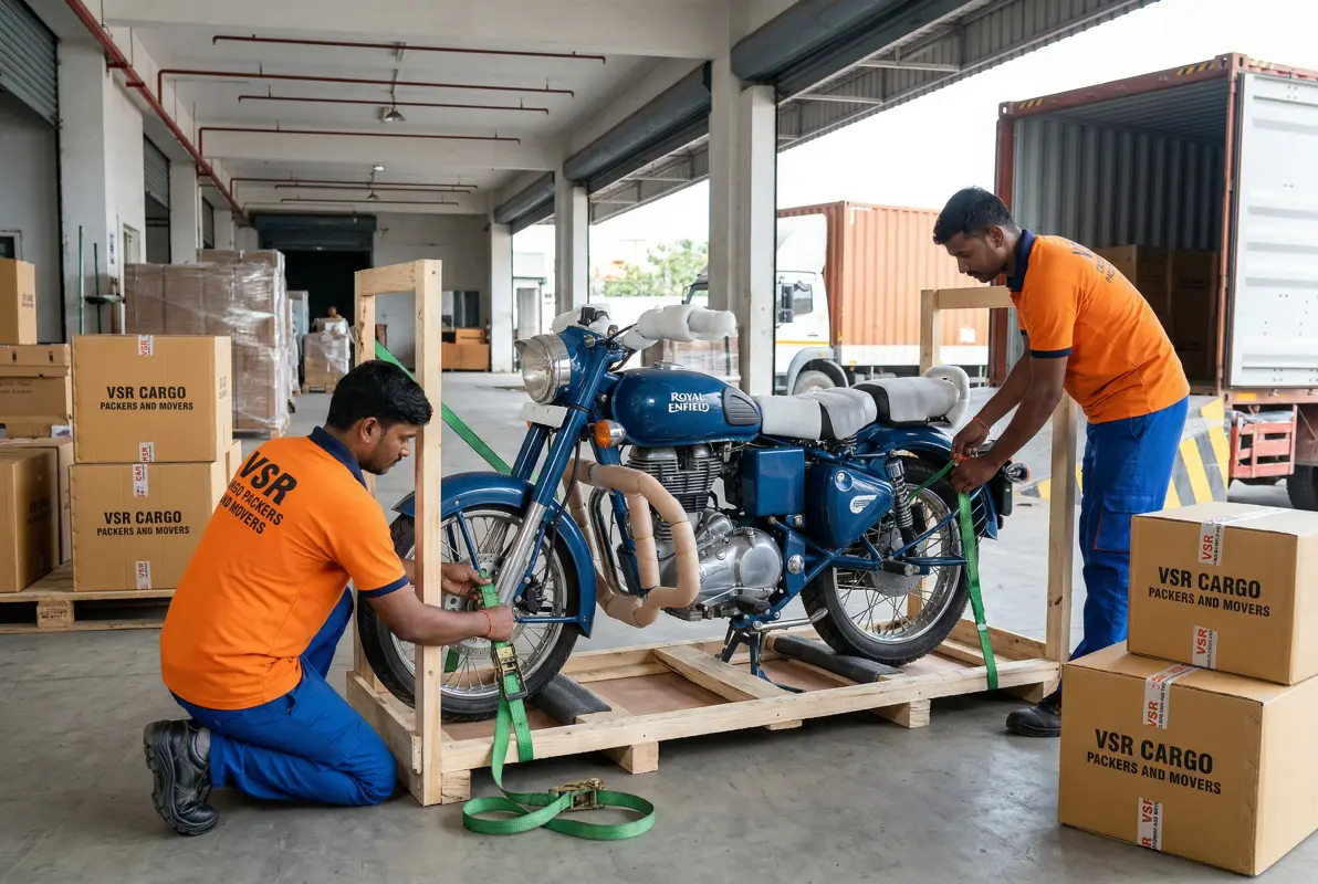 Motorcycle secured in dedicated transport container for safe bike shipping