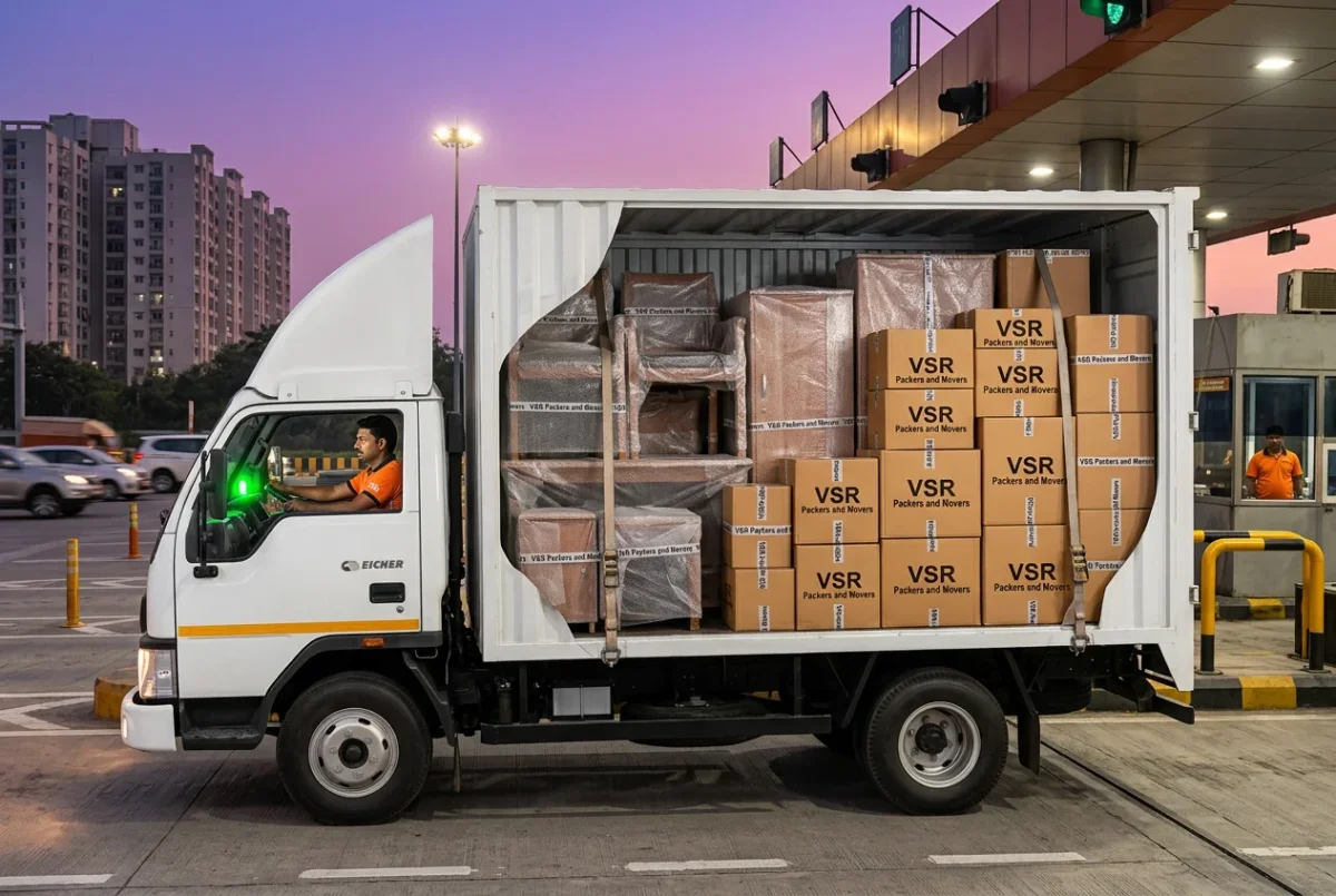 Careful loading of packed household goods onto GPS-tracked transport vehicle