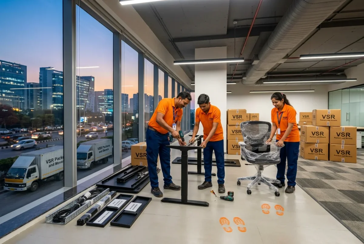 Office furniture dismantling and moving including desks, chairs, and cabinets