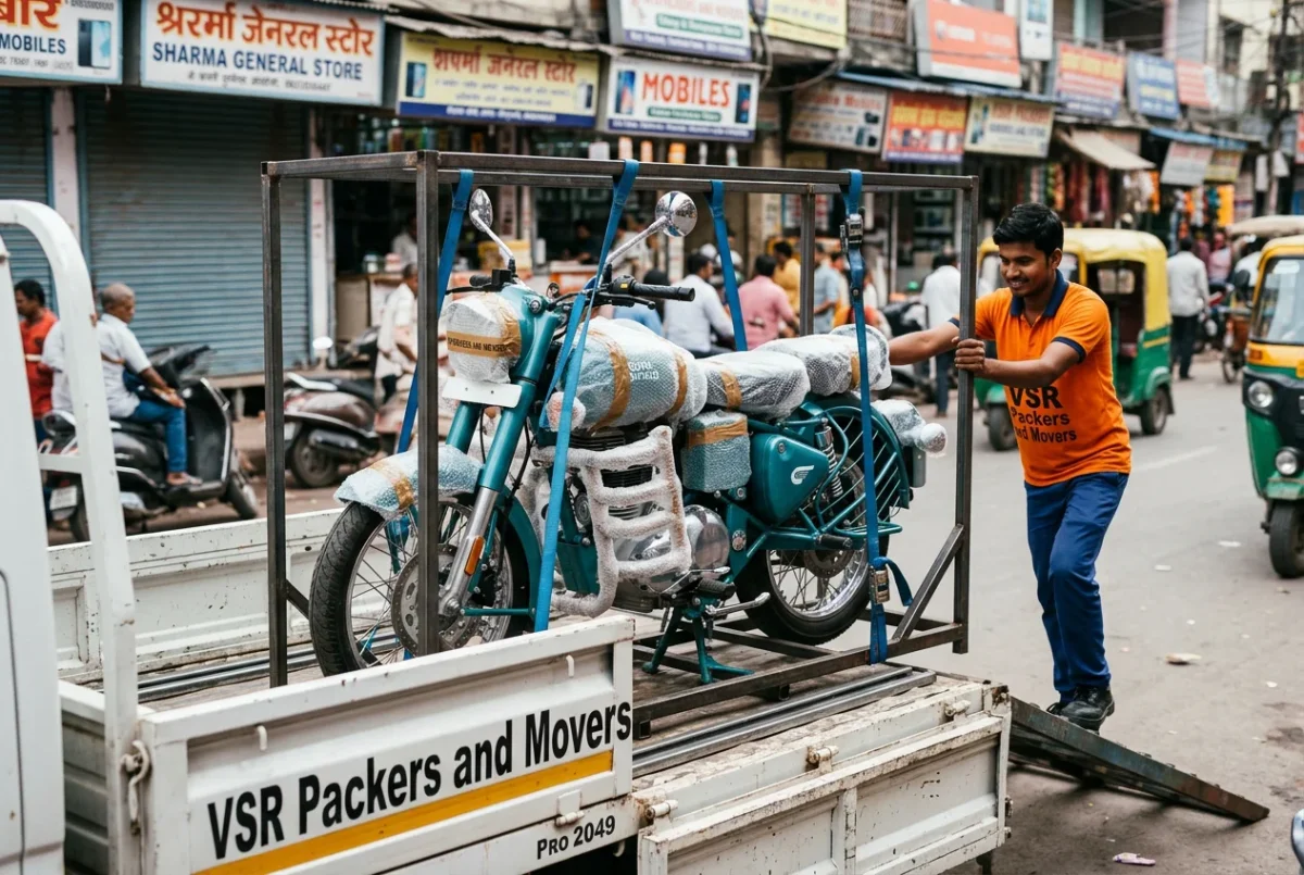 Motorcycle secured in dedicated transport container for safe bike shipping